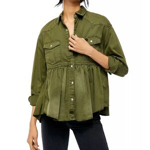 Free People  Dylan Cotton High/Low Babydoll Shirt Jacket NWOT Army Green